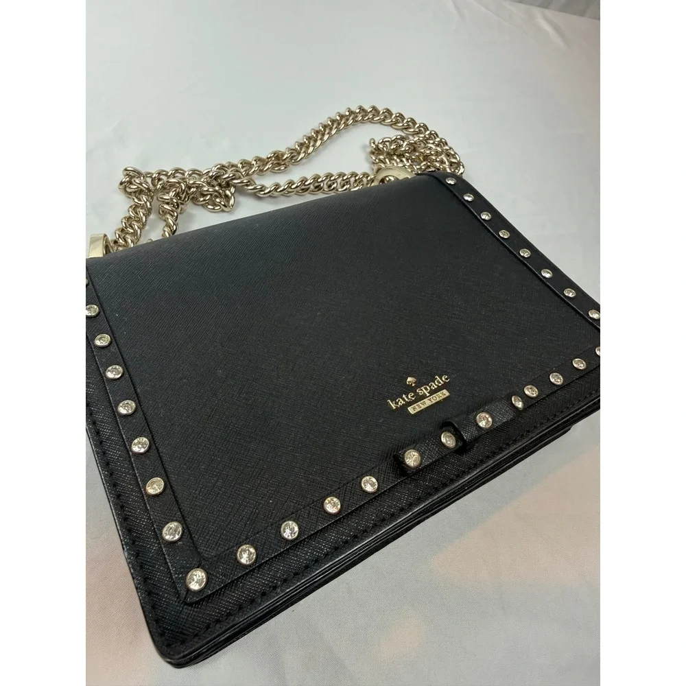 Kate Spade New York Black Saffiano Bow Studded Chain Crossbody Bag #mc